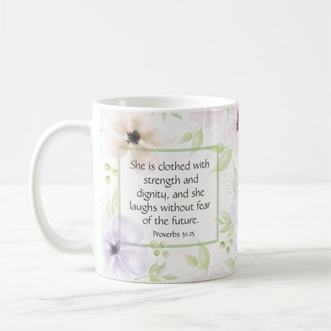 Caneca De Café Proverbs 31:25 Mulher Cristã Inspiracional de Cita (Esquerda)