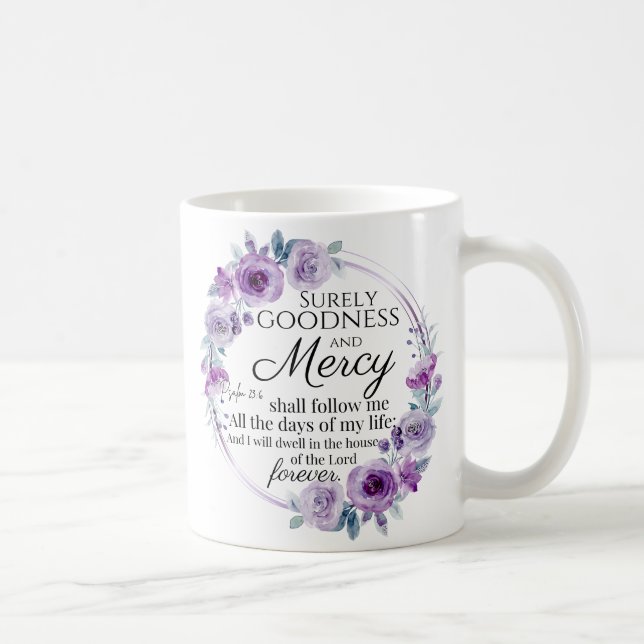 Caneca De Café Psalm 23:6 Inspirational Bíblia Verso Roxo Floral (Direita)