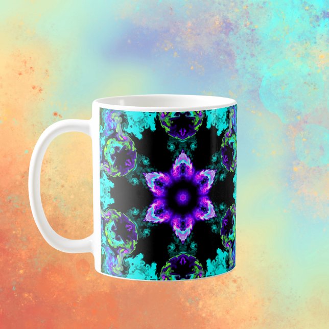 Caneca De Café Psicodélico Flor Roxo Teal e Preto (Criador carregado)