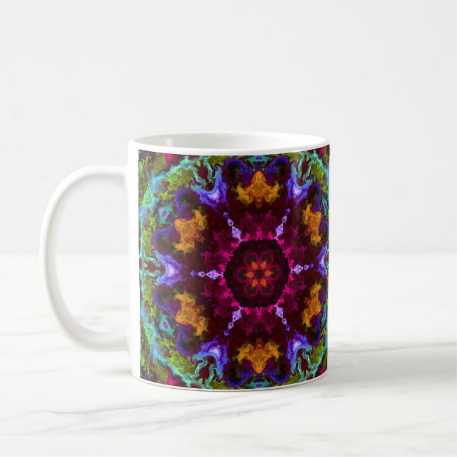 Caneca De Café Psicodélico Mandala Flor Púrpura Laranja e Verde (Esquerda)