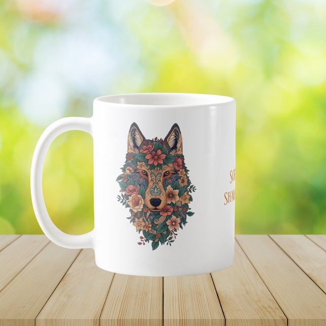 Caneca De Café Psychedelic Boho Floral Wolf Art Coffee (Criador carregado)