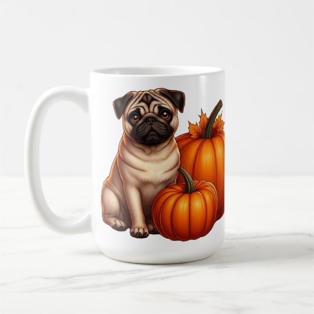Caneca De Café Pug Adorável Sentado ao Lado de Pumpkins e Folhas (Esquerda)