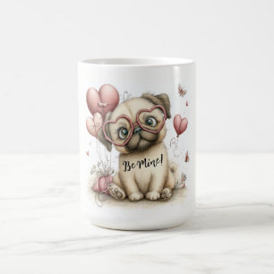 Caneca De Café Pug Be Mine com Balões em Forma de Coração
