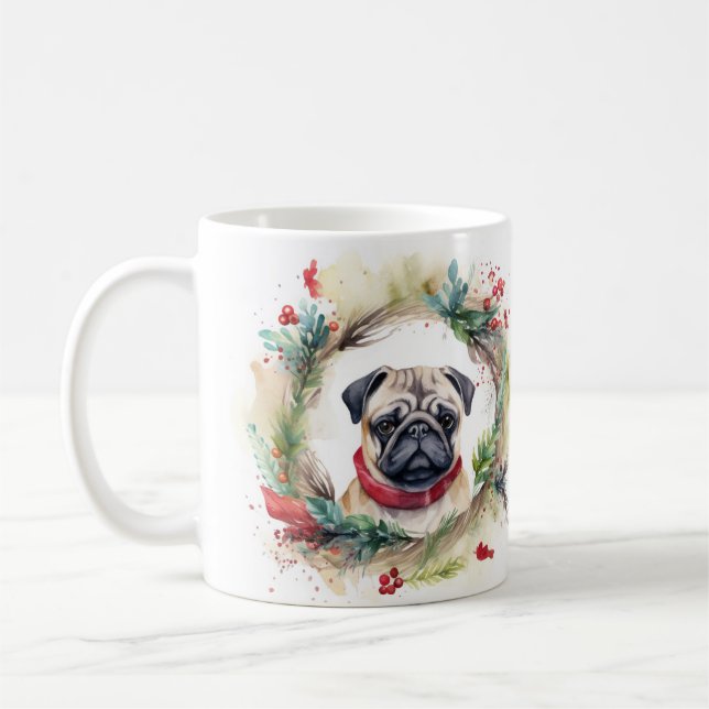 Caneca De Café Pug Christmas Wreath Festivo Pup (Esquerda)