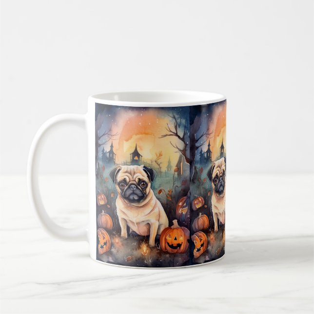Caneca De Café Pug De Halloween Com Pumpkins Assustado (Esquerda)