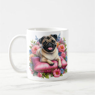 Caneca De Café Pug Dog em um Travesseiro com Flores em Aquarela