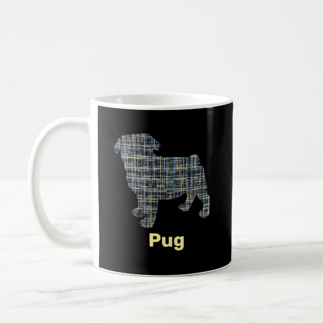 Caneca De Café Pug Dog Silhouket Amarelo e Blue Grid (Esquerda)