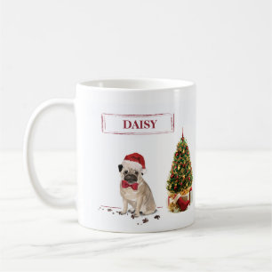 Caneca De Café Pug Engraçado Cachorro de Natal Engraçado com Árvo