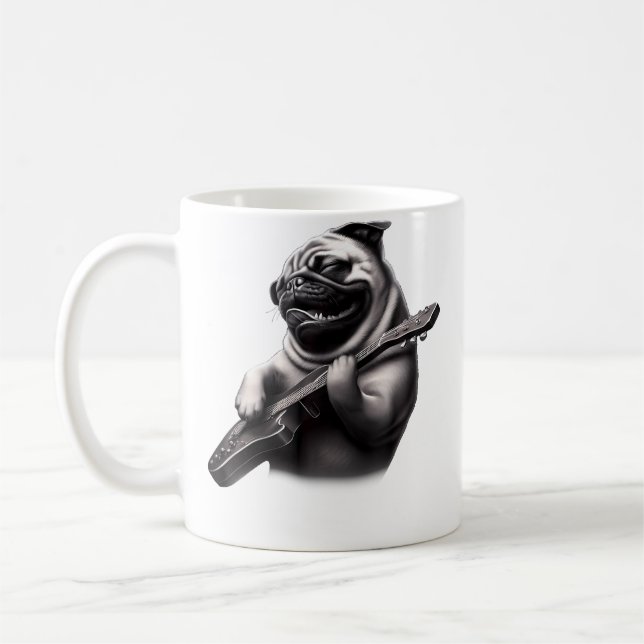 Caneca De Café Pug Playing Guitar - Funny Rock Music Guitar Pug (Esquerda)
