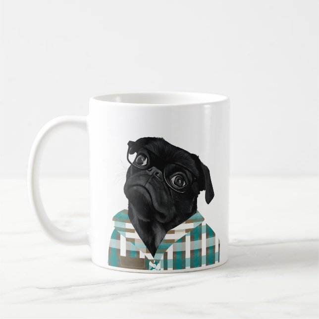 Caneca De Café Pug Preto Cinto Cinto Com Óculos (Esquerda)