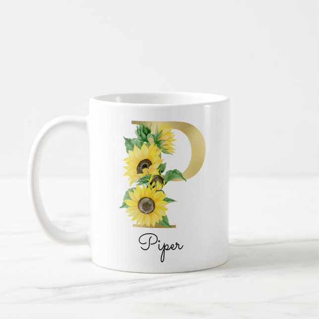 Caneca De Café Pulse de Ouro Girassol Floral Inicial Feminino P (Esquerda)