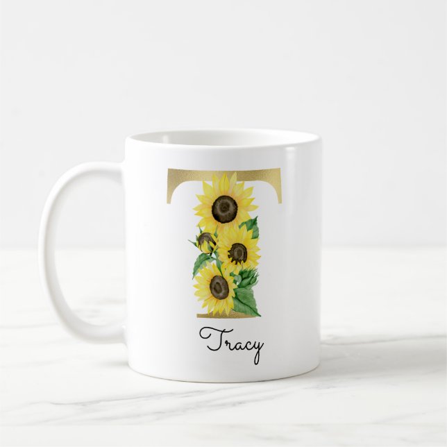 Caneca De Café Pulseira de Inicial Flor de Girassol Dourada Monog (Esquerda)