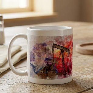 Caneca De Café Pumpjack ícone Texan aquarela com Sinalizador Texa