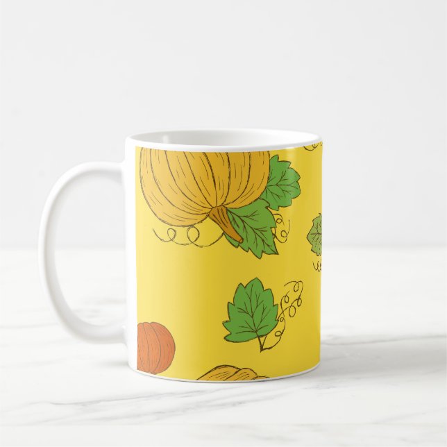 Caneca De Café Pumpkin Doodle: Mão Desenhada Sem Costura (Esquerda)