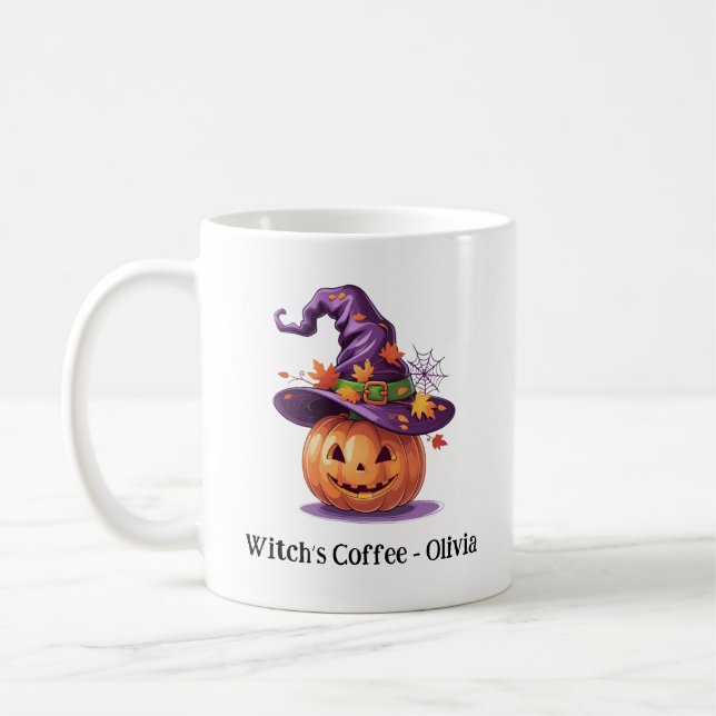 Caneca De Café Pumpkin Halloween Vestindo Um Chapéu De Bruxa (Esquerda)