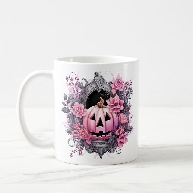 Caneca De Café Pumpkin Rosa Floral do Halloween (Esquerda)