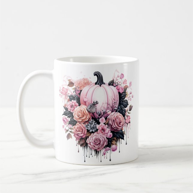 Caneca De Café Pumpkin Rosa Floral do Halloween (Esquerda)