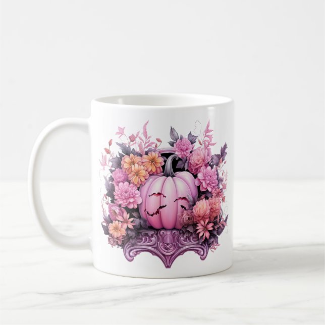 Caneca De Café Pumpkin Rosa Floral do Halloween (Esquerda)