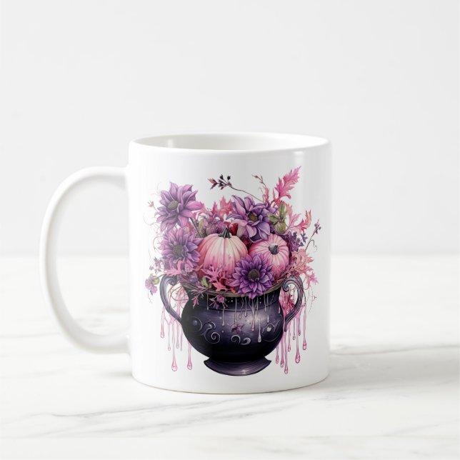 Caneca De Café Pumpkin Rosa Floral do Halloween (Esquerda)