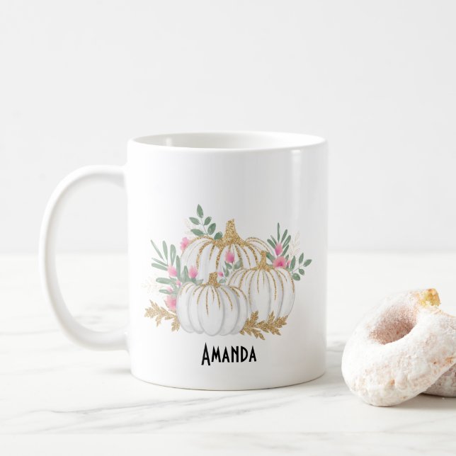 Caneca De Café Pumpkins branco e Dourado Aquarela (Com Donut)