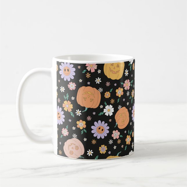 Caneca De Café Pumpkins e Flores do Halloween Retro (Esquerda)