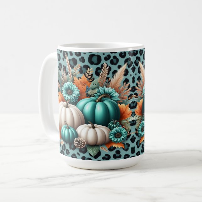 Caneca De Café Pumpkins e Flores na Impressão Leopardo (Frente Esquerda)