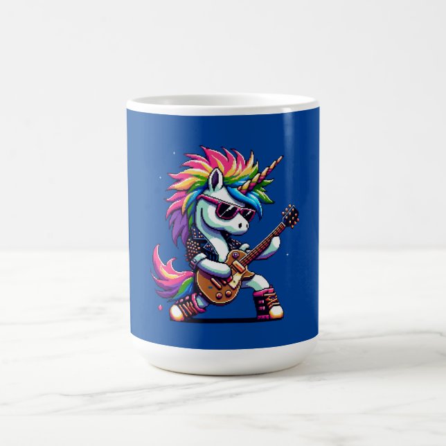 Caneca De Café Punk Rock Unicorn Colorful Pixel Art Guitar Design (Centro)