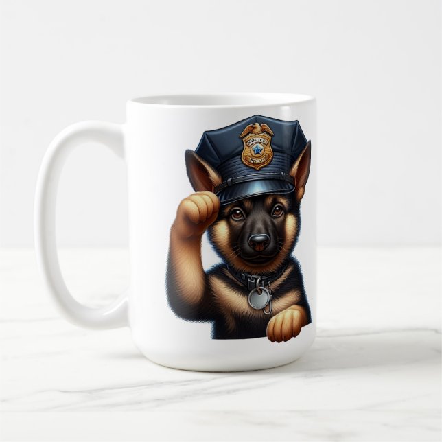 Caneca De Café Puppy Vestido como Policial com Boné e Crachá (Esquerda)
