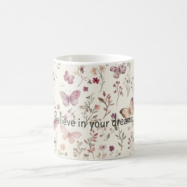 Caneca De Café Purple Cream Butterflies Floral Believe Dreams (Centro)