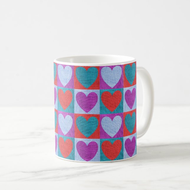 Caneca De Café Purple Green and Red Checked Heart Pattern (Frente Esquerda)