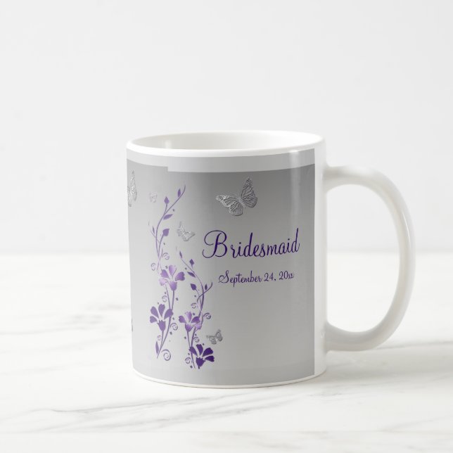 Caneca De Café Púrpura, Borboletas Prateadas, Bridesmaid Mug Flor (Direita)