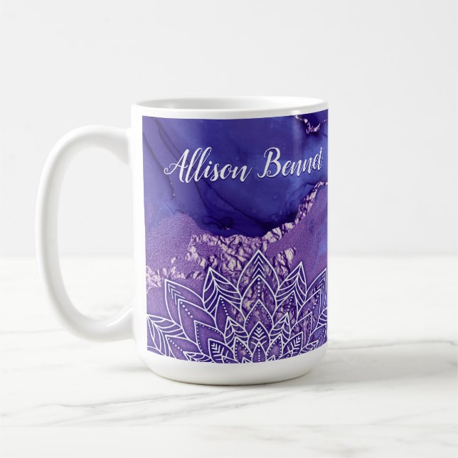 Caneca De Café Púrpura Branca Personalizada Mandala (Esquerda)