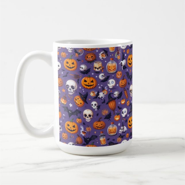 Caneca De Café Púrpura Caveira e Pumpkin Festival Patterna Mug (Esquerda)