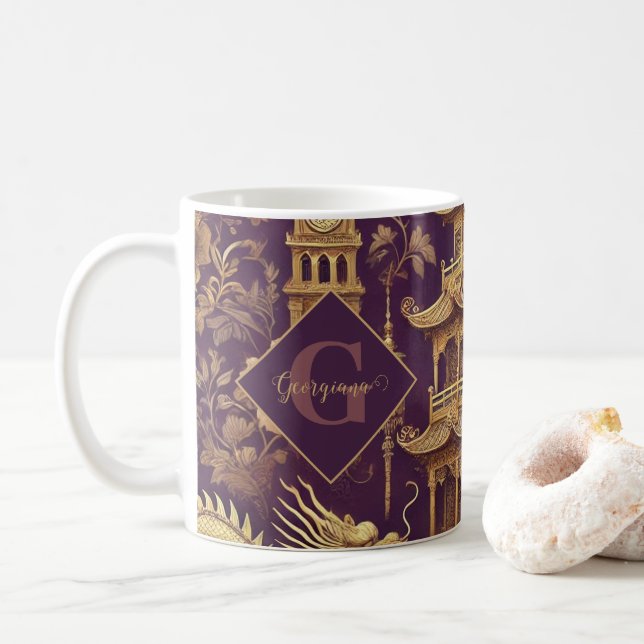 Caneca De Café Púrpura Personalizada e Chinoiserie Victoriana Dou (Com Donut)