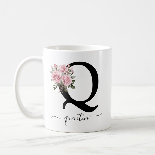 Caneca De Café QMonograma Monograma Floral Flor Rosa Rosas Rosa M (Esquerda)