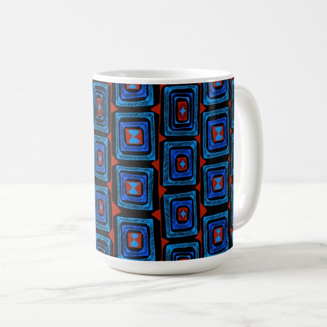 Caneca De Café Quadrados Aborígenes - Azul Turquesa Vermelho (Frente Esquerda)