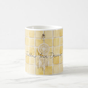 Caneca De Café Quadrados Amarelo Limão Dream Catcher Creme