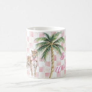Caneca De Café Quadrados Cinzentos Dourados Palmeiras Leopardo-de