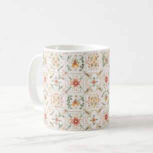 Caneca De Café Quadrados Florais Rosa Amarelo