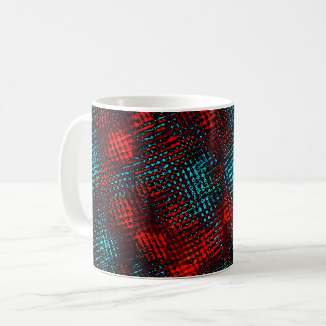 Caneca De Café Quadriculados riscados em vermelho e azul claro. (Frente Esquerda)