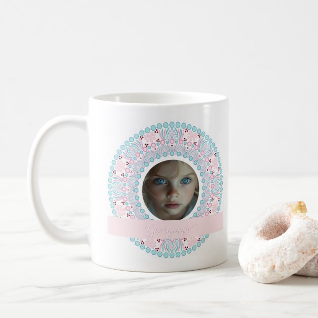 Caneca De Café Quadro Bonito de Pastel Rosa e Azul de Mandala (Com Donut)
