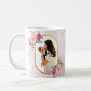 Caneca De Café Quadro de Fotos Floral Dourada a Rosa com Dia de a