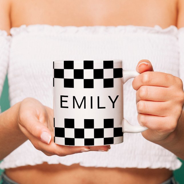 Caneca De Café Quadro de Verificação Moderno - Adicionar Nome Bra (Criador carregado)
