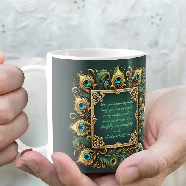 Caneca De Café Quadro Pavão Dourado Verde Personalizável (Criador carregado)