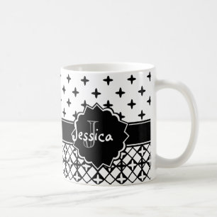 Caneca De Café Quatrefoil branco preto Monogrammed