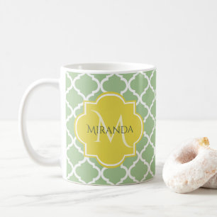 Caneca De Café Quatrefoil Verde Chic Pastel Nome Amarelo Monogram