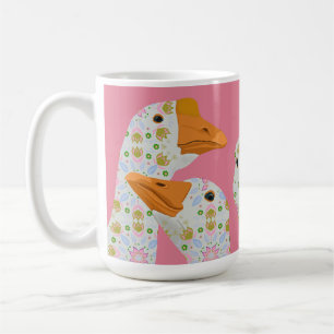 Caneca De Café Quatro Gansos Fofos com Estampa Floral Rosa