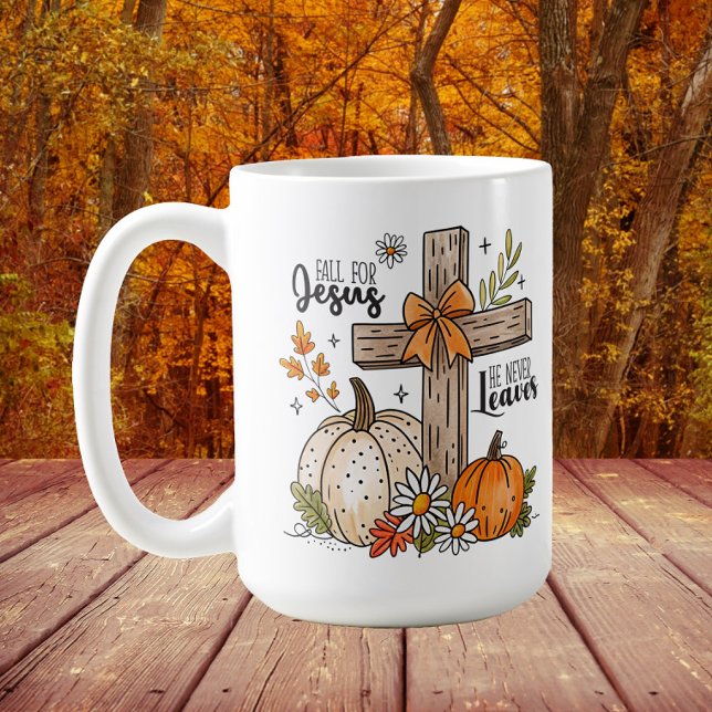 Caneca De Café Queda por Jesus Autumn Christian Cross ("Fall for Jesus, He never leaves" Christian cross and pumpkins autumn/Thanksgiving mug)