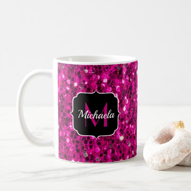 Caneca De Café Quente-rosa brilha rapidamente Monograma (Com Donut)