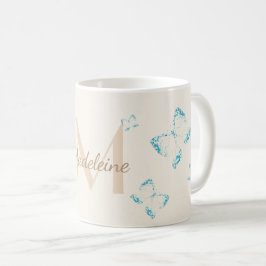 Caneca De Café Quic Whimsical Elegant Blue Butterflies Monograma